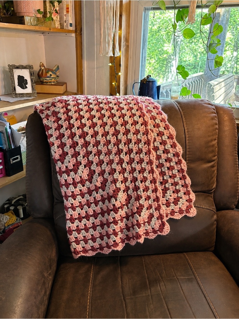 Handmade Crochet Granny Square Throw Blanket Pink Burgundy Gray 36x39 Cottagecor